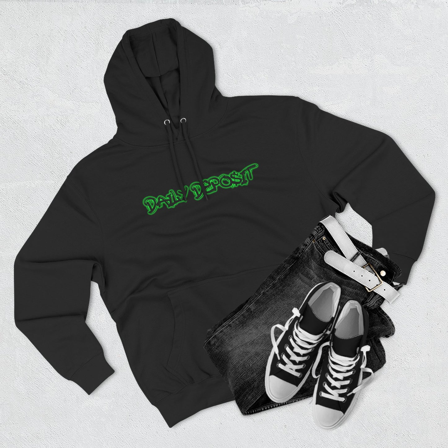 Daily Depo$it Black ATM Unisex Premium Pullover Hoodie (Full Chest Logo) Powered by The CW64 Brand