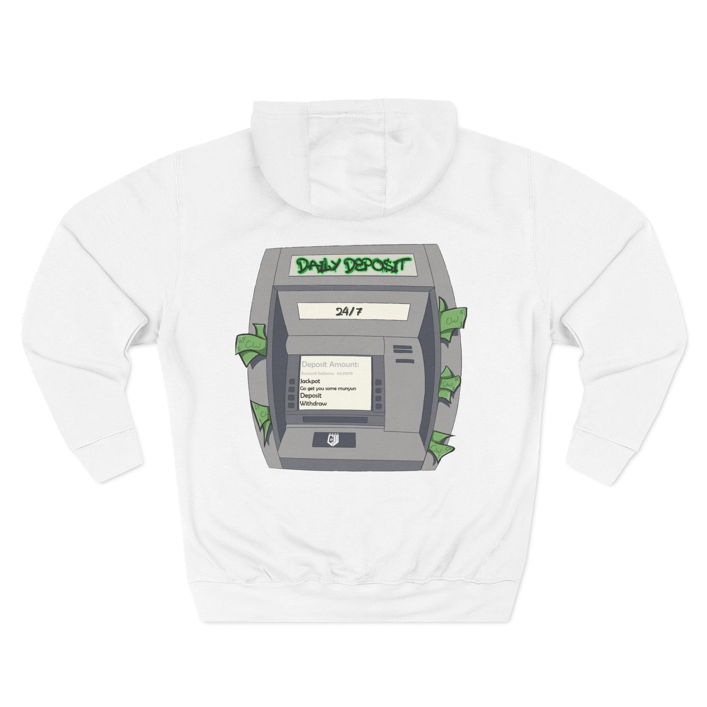 Daily Depo$it Black ATM Unisex Premium Pullover Hoodie (Full Chest Logo) Powered by The CW64 Brand