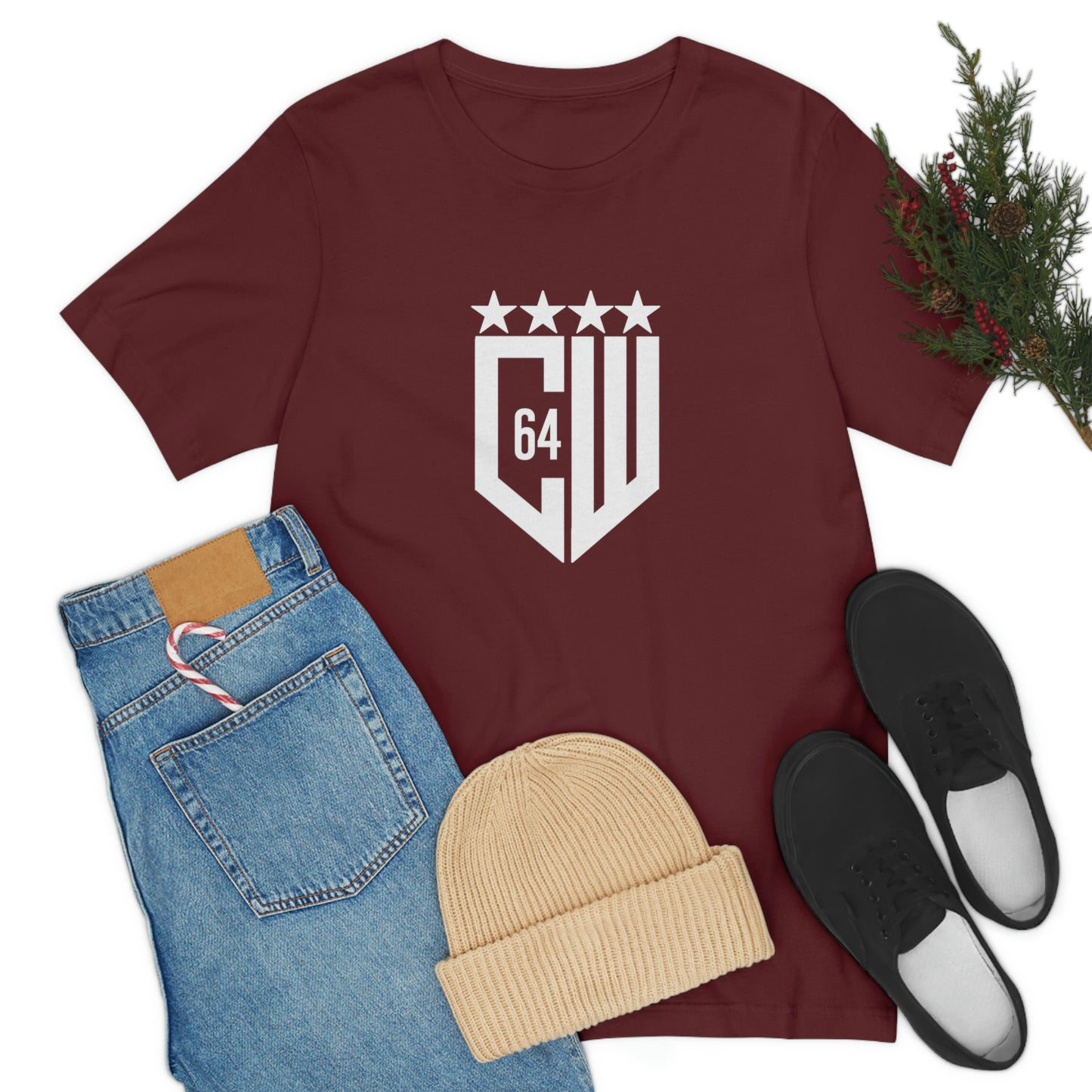 (Select from 1 color) Maroon Unisex Jersey Short Sleeve Tee, with White Logo