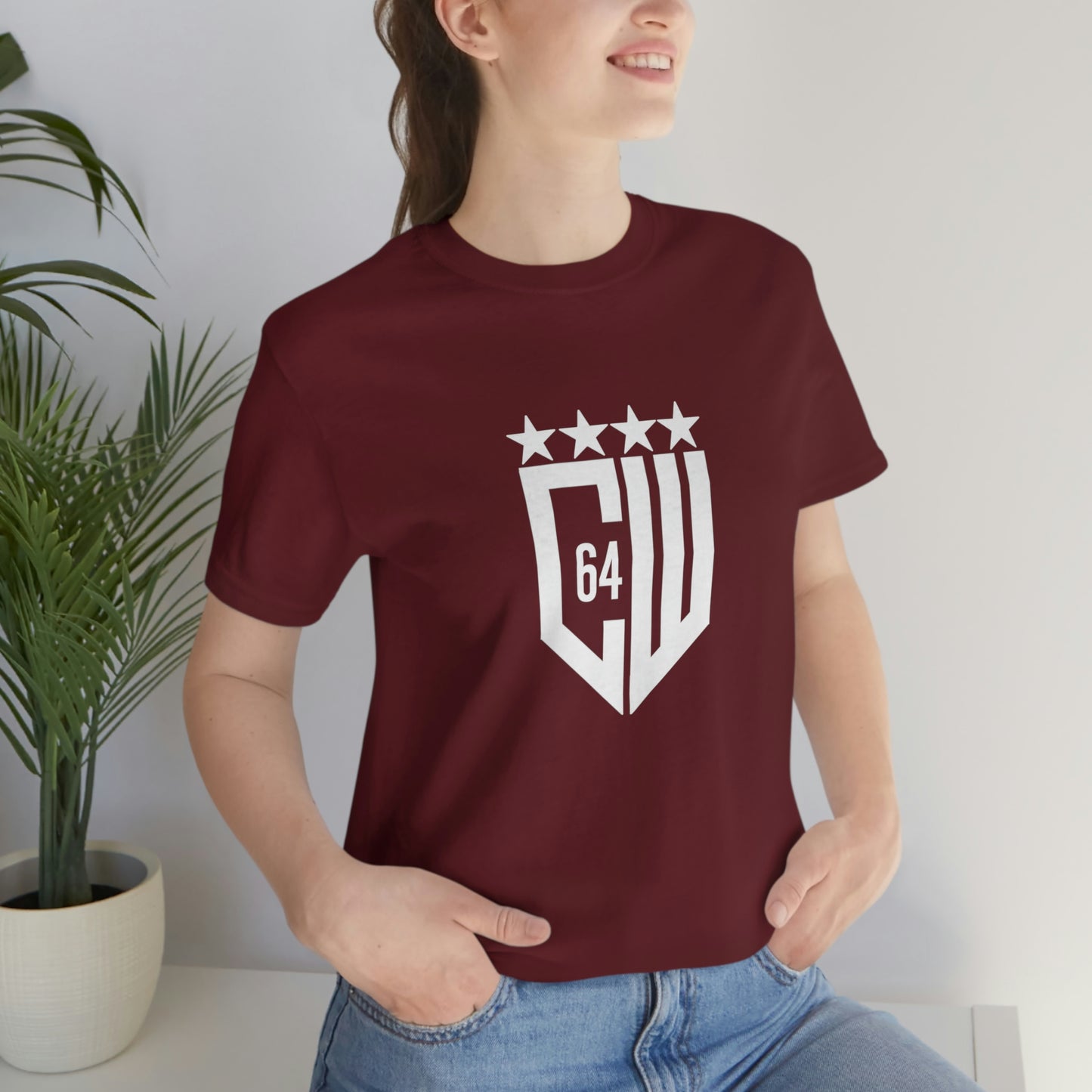 (Select from 1 color) Maroon Unisex Jersey Short Sleeve Tee, with White Logo