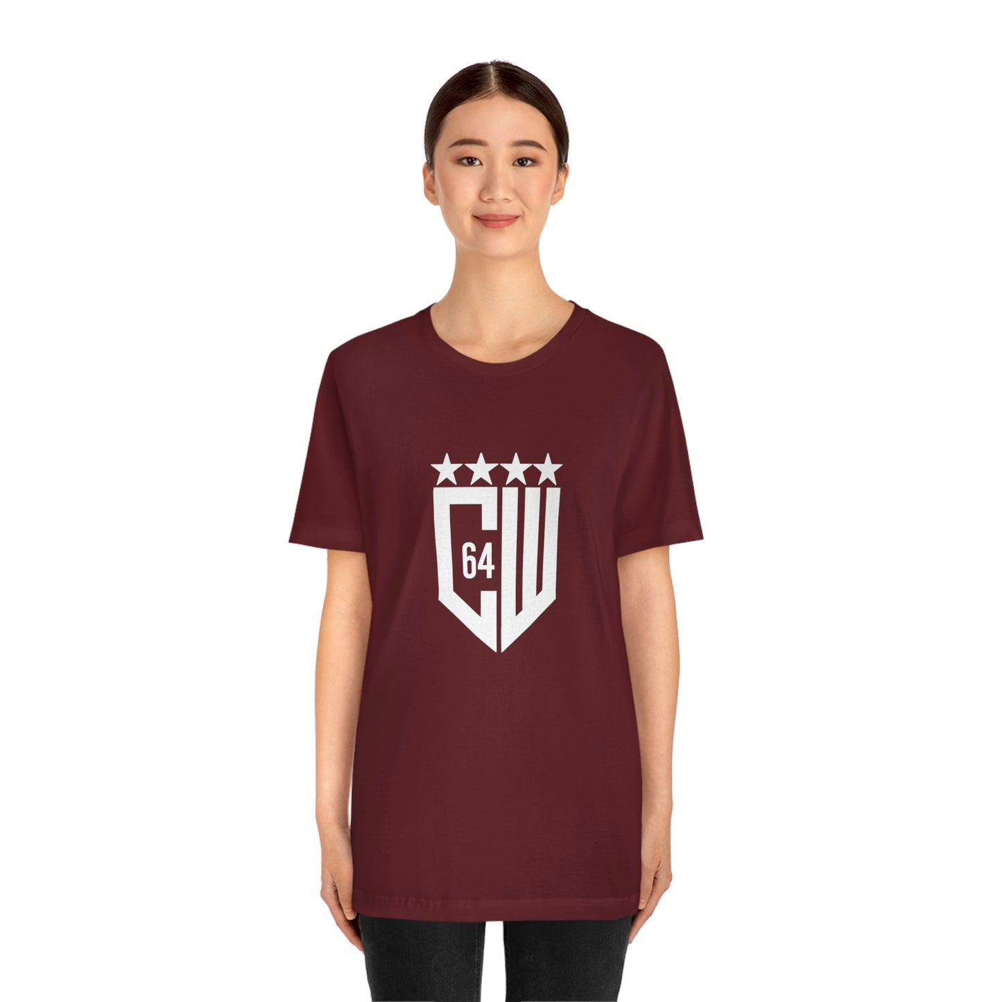 (Select from 1 color) Maroon Unisex Jersey Short Sleeve Tee, with White Logo