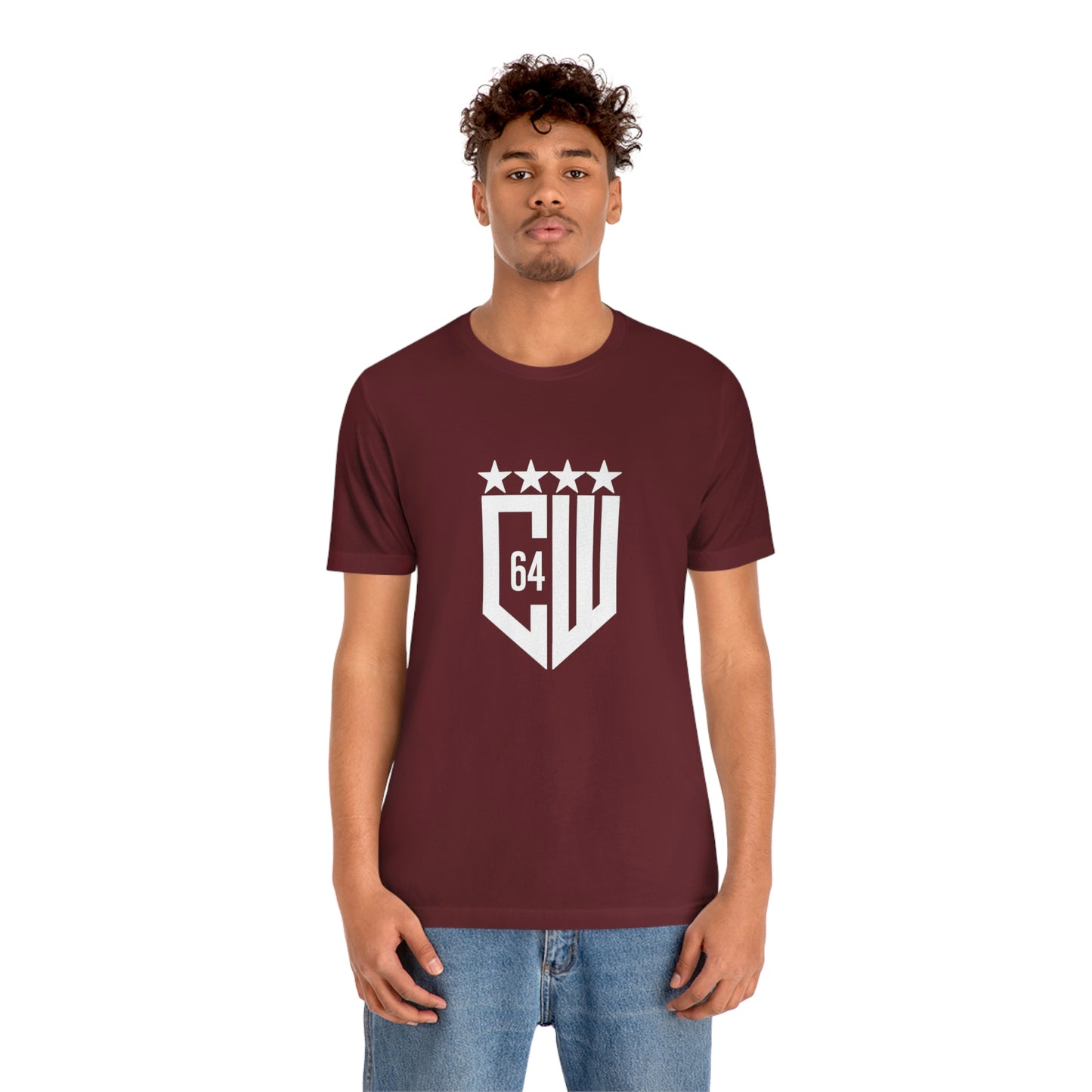 (Select from 1 color) Maroon Unisex Jersey Short Sleeve Tee, with White Logo