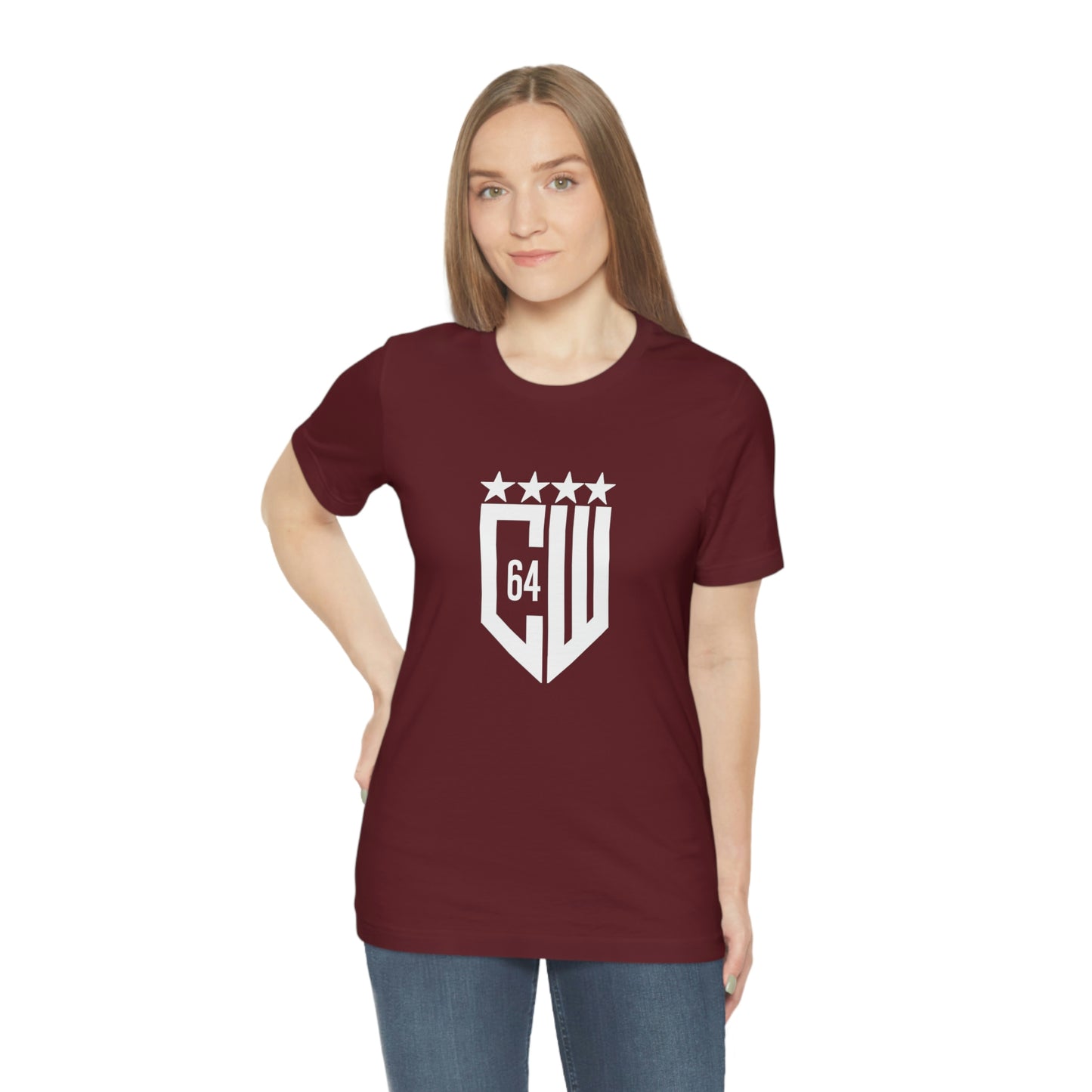 (Select from 1 color) Maroon Unisex Jersey Short Sleeve Tee, with White Logo