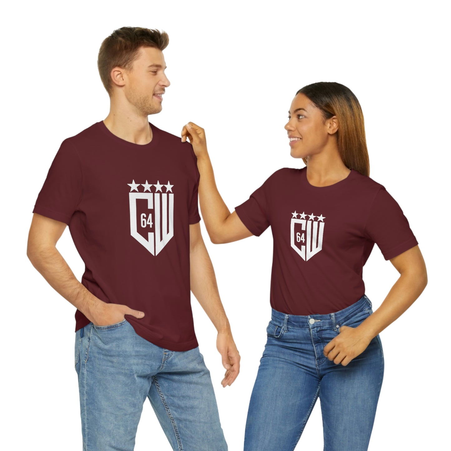 (Select from 1 color) Maroon Unisex Jersey Short Sleeve Tee, with White Logo